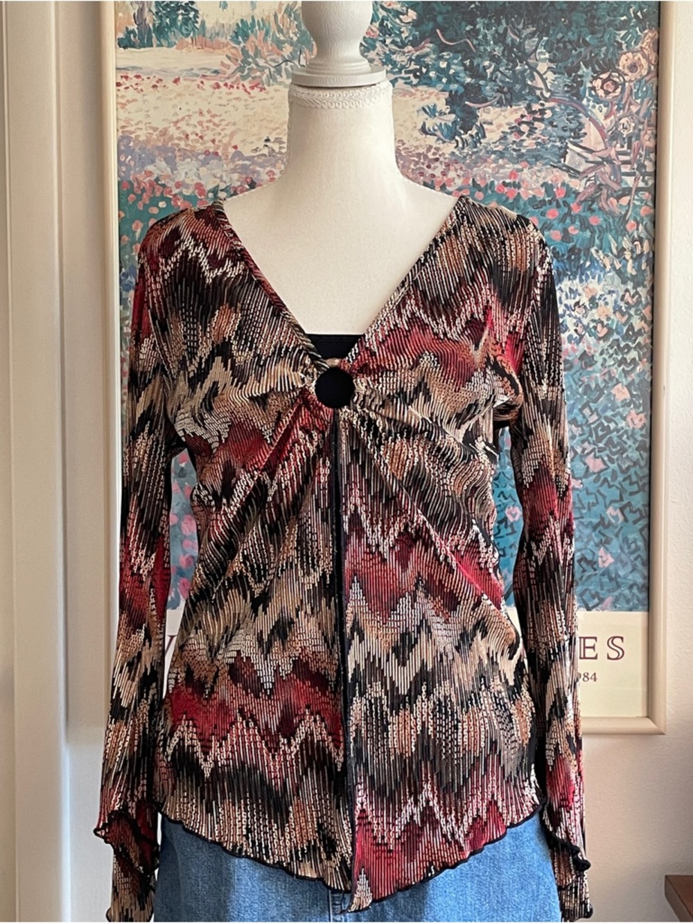 Vintage Y2K Chevron Striped Bell Sleeve Blouse Medium Boho Hippie Festival Retro
